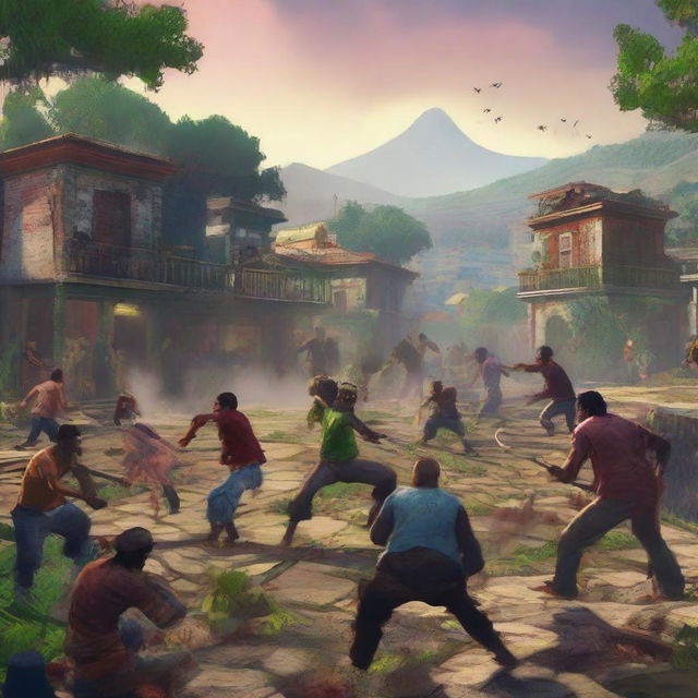 A vibrant and dynamic gameplay scene from the game Mega Zombie on PS4, depicting the recovery of Latin America