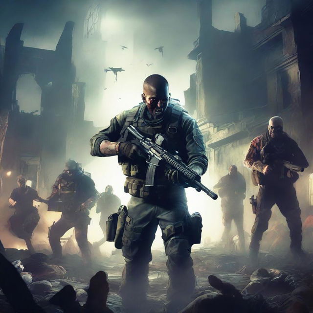 A soldier holding a PS4 controller, surrounded by zombies in a post-apocalyptic setting