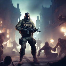 A soldier holding a PS4 controller, surrounded by zombies in a post-apocalyptic setting