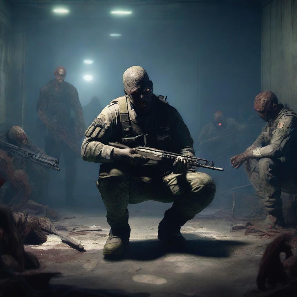 A soldier sitting and playing on a PS4, with zombies standing or wandering nearby