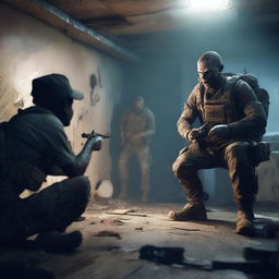 A soldier sitting and playing on a PS4, with zombies standing or wandering nearby