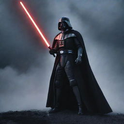 A dramatic, cinematic shot of Darth Vader, fully clad in his iconic black armor, with his crimson lightsaber ignited. He stands amidst swirling mists under an ominous, star-filled sky.