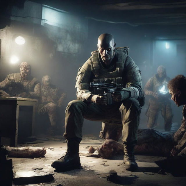 A soldier sitting and playing on a PS4, with zombies standing or wandering nearby