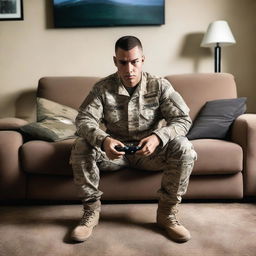 A soldier dressed in military uniform is sitting on a couch, intensely playing a PlayStation 4 video game