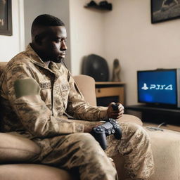 A soldier dressed in military uniform is sitting on a couch, intensely playing a PlayStation 4 video game