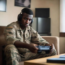 A soldier dressed in military uniform is sitting on a couch, intensely playing a PlayStation 4 video game