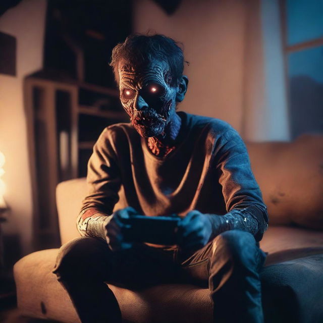 A zombie is sitting in a cozy living room, playing a PlayStation 4