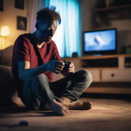 A zombie is sitting in a cozy living room, playing a PlayStation 4