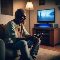 A zombie is sitting in a cozy living room, playing a PlayStation 4