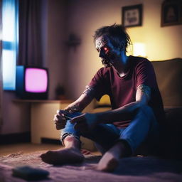 A zombie is sitting in a cozy living room, playing a PlayStation 4