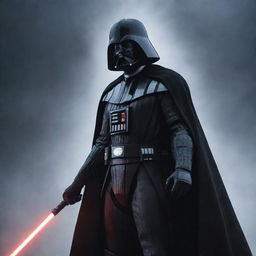 A dramatic, cinematic shot of Darth Vader, fully clad in his iconic black armor, with his crimson lightsaber ignited. He stands amidst swirling mists under an ominous, star-filled sky.