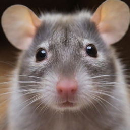 A detailed close-up of a cute, curious rat, with bright eyes and soft fur, in a safe and comfortable environment.