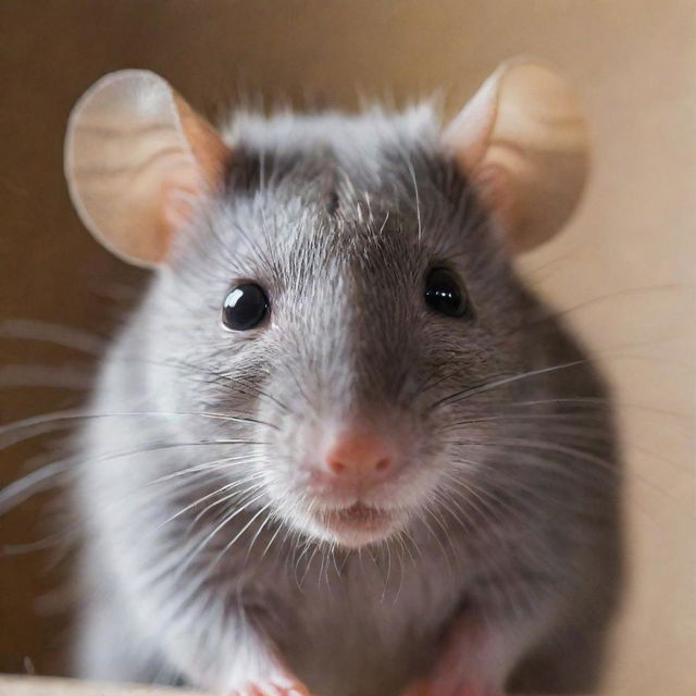 A detailed close-up of a cute, curious rat, with bright eyes and soft fur, in a safe and comfortable environment.