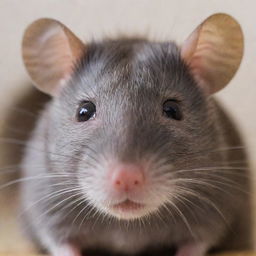 A detailed close-up of a cute, curious rat, with bright eyes and soft fur, in a safe and comfortable environment.