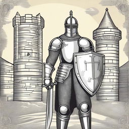 A detailed illustration of a medieval knight in shining armor, standing valiantly with a sword and shield