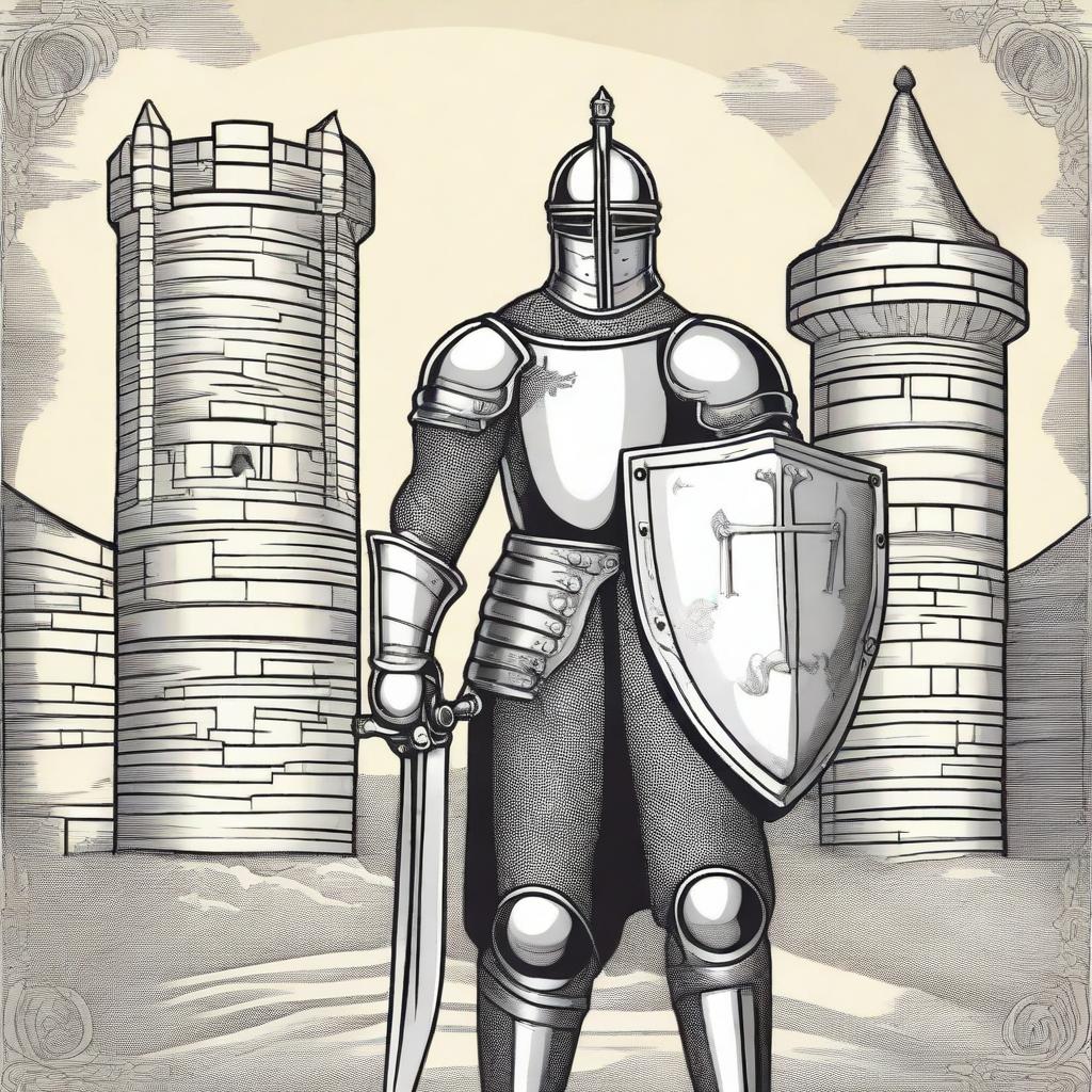 A detailed illustration of a medieval knight in shining armor, standing valiantly with a sword and shield