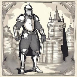 A detailed illustration of a medieval knight in shining armor, standing valiantly with a sword and shield