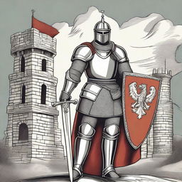 A detailed illustration of a medieval knight in shining armor, standing valiantly with a sword and shield