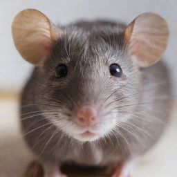 A detailed close-up of a cute, curious rat, with bright eyes and soft fur, in a safe and comfortable environment.