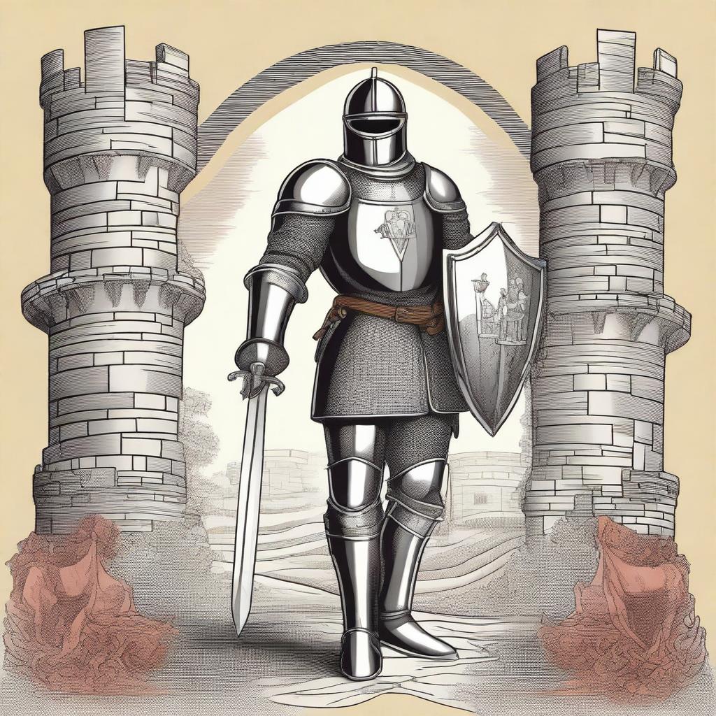 A detailed illustration of a medieval knight in shining armor, standing valiantly with a sword and shield