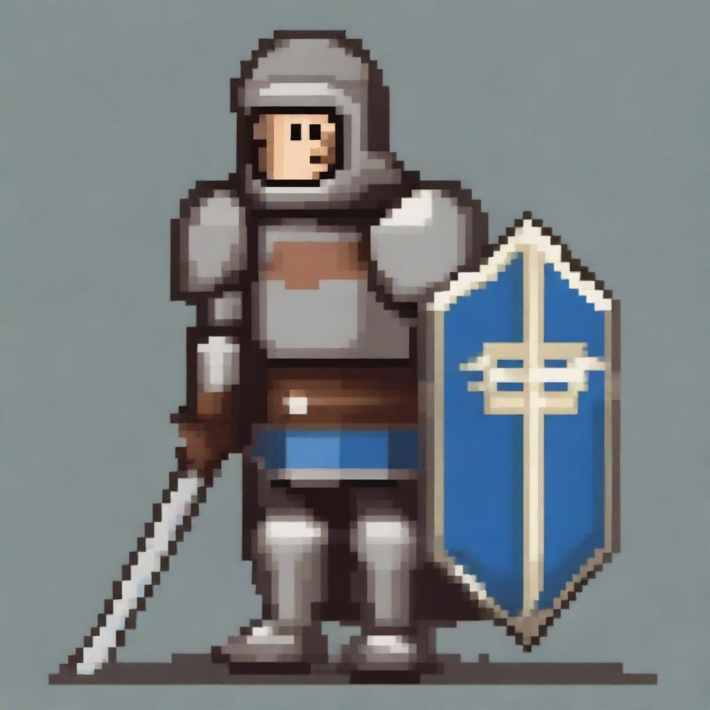 A pixel art depiction of a medieval knight in full armor, standing valiantly with a sword and shield