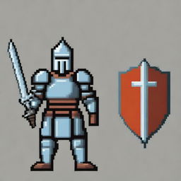 A pixel art depiction of a medieval knight in full armor, standing valiantly with a sword and shield