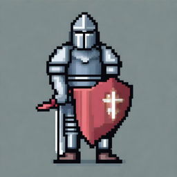 A pixel art depiction of a medieval knight in full armor, standing valiantly with a sword and shield