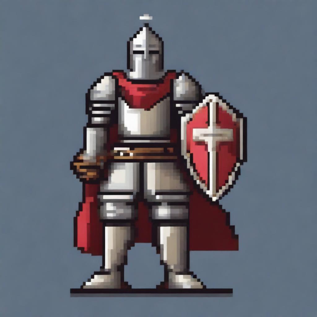 A pixel art depiction of a medieval knight in full armor, standing valiantly with a sword and shield