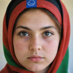 A teenage girl with large, beautiful almond-shaped eyes, sporting a shirt adorned with the Afghanistan flag. Her name, 'Arezo', is elegantly written on the image.