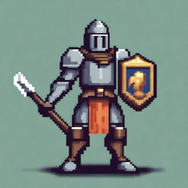 A medieval knight in pixel art style, designed for a platformer game