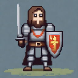 A medieval knight in pixel art style, designed for a platformer game