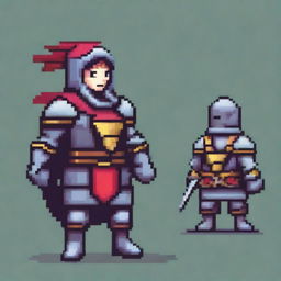 A medieval knight in pixel art style, designed for a platformer game