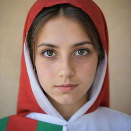 A teenage girl with large, beautiful almond-shaped eyes, sporting a shirt adorned with the Afghanistan flag. Her name, 'Arezo', is elegantly written on the image.