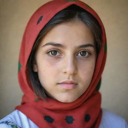 A teenage girl with large, beautiful almond-shaped eyes, sporting a shirt adorned with the Afghanistan flag. Her name, 'Arezo', is elegantly written on the image.