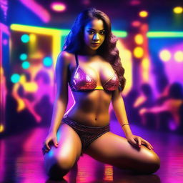 A realistic portrait of a girl with a slim waist, wearing a hot bra, kneeling down in a vibrant club setting