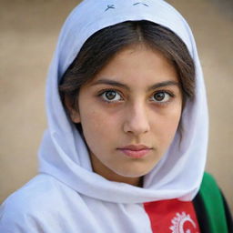 A teenage girl with large, beautiful almond-shaped eyes, sporting a shirt adorned with the Afghanistan flag. Her name, 'Arezo', is elegantly written on the image.