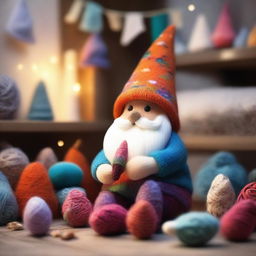 A whimsical scene featuring a tiny sock gnome in a cozy, cluttered room full of socks of various colors and patterns