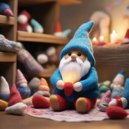 A whimsical scene featuring a tiny sock gnome in a cozy, cluttered room full of socks of various colors and patterns