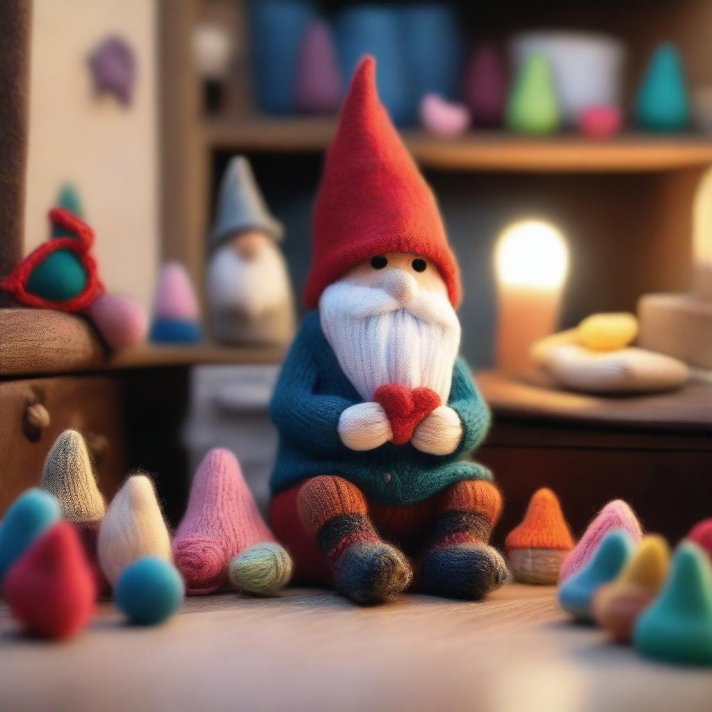 A whimsical scene featuring a tiny sock gnome in a cozy, cluttered room full of socks of various colors and patterns