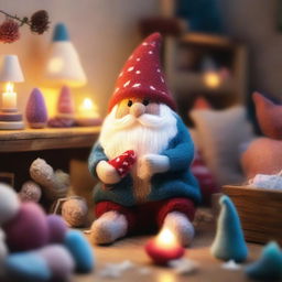 A whimsical scene featuring a tiny sock gnome in a cozy, cluttered room full of socks of various colors and patterns