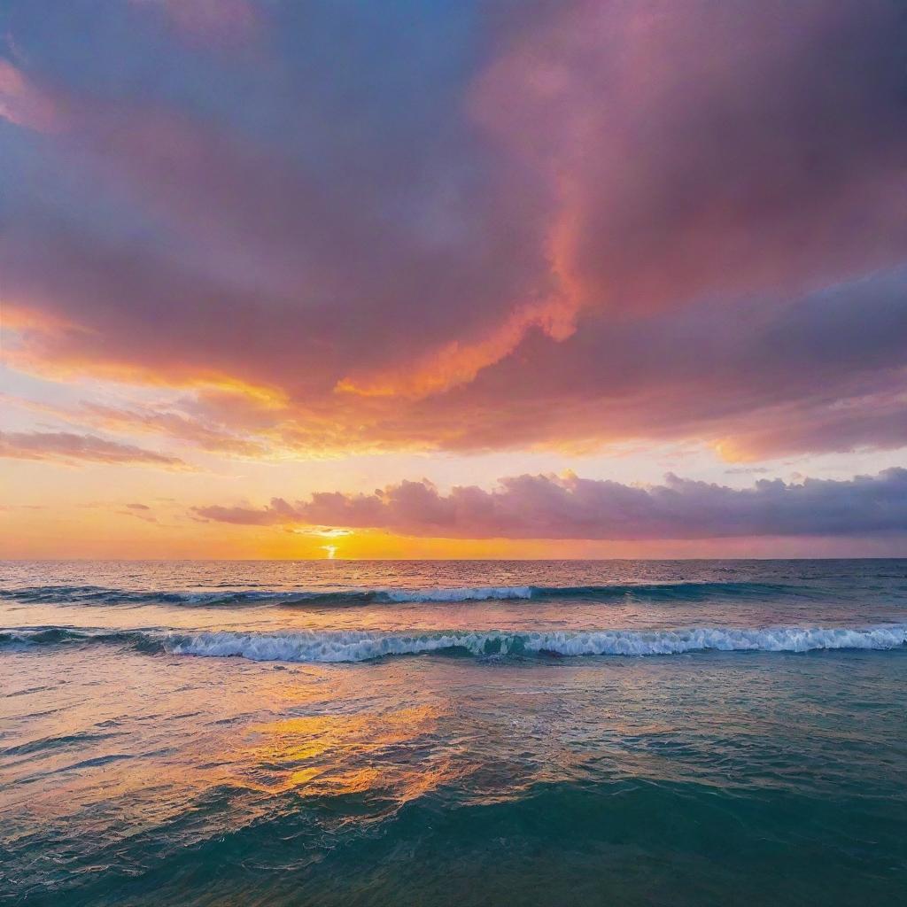 A stunning and tranquil sunset over a serene ocean, with vibrant colors lighting up the sky.