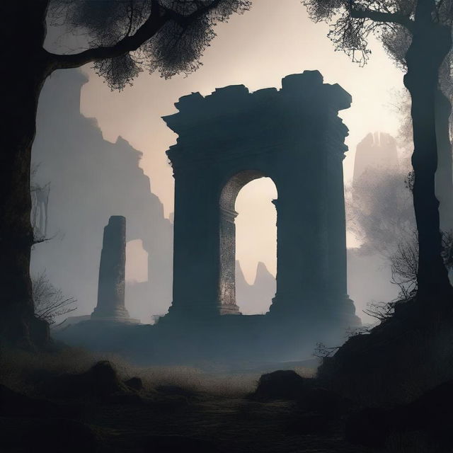 Silhouettes of a mystical forest or ancient ruins in the distance, suggesting an otherworldly setting