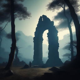 Silhouettes of a mystical forest or ancient ruins in the distance, suggesting an otherworldly setting