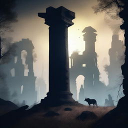 Silhouettes of a mystical forest or ancient ruins in the distance, suggesting an otherworldly setting