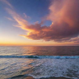 A stunning and tranquil sunset over a serene ocean, with vibrant colors lighting up the sky.