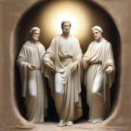 Create an image featuring Marcus, Elijah, and Alexander around a central figure