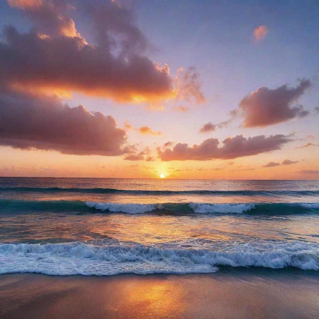 A stunning and tranquil sunset over a serene ocean, with vibrant colors lighting up the sky.