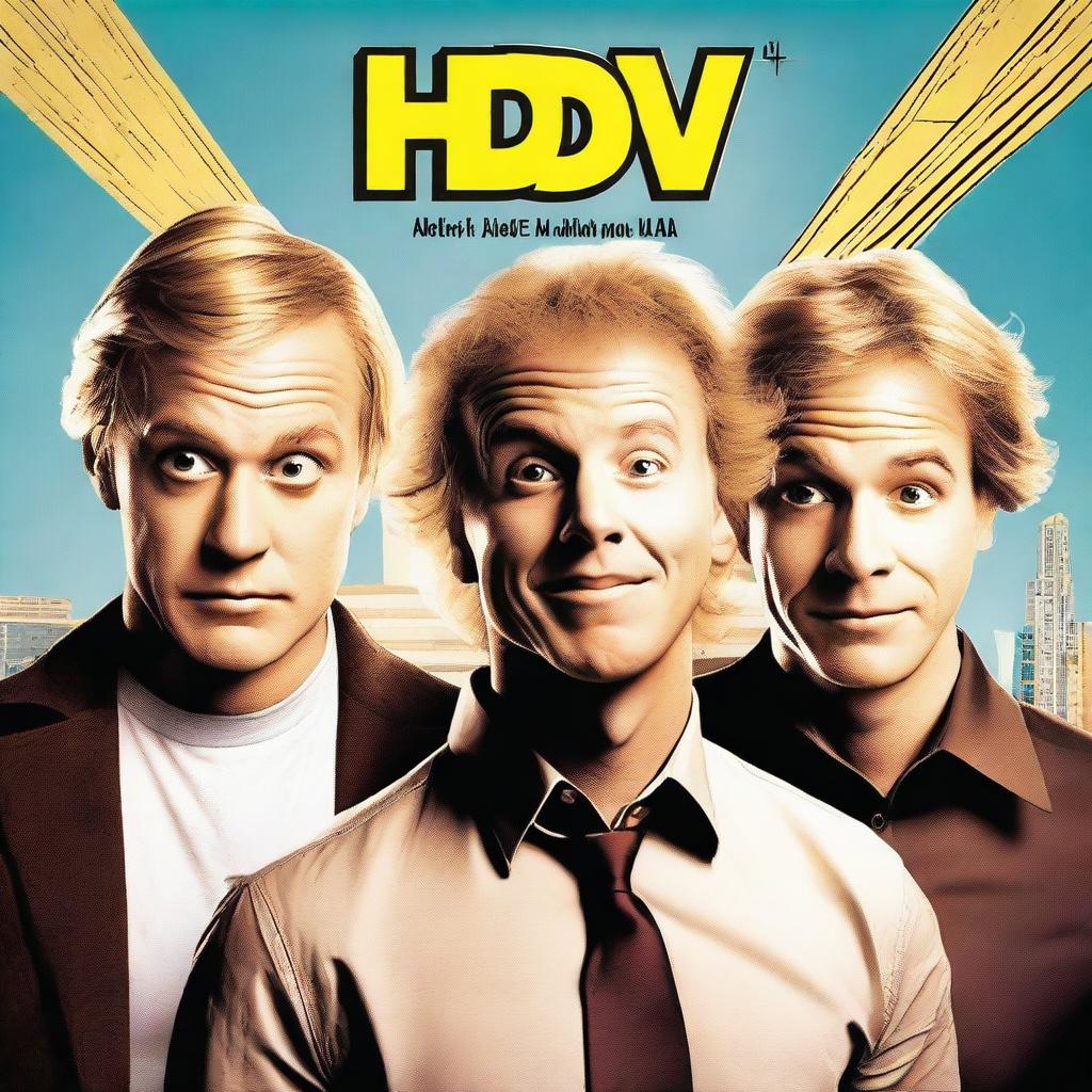 Create a comedy movie poster with a blonde man in the middle, a man with brown hair on the right, and a third man with a Latin appearance on the left