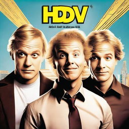 Create a comedy movie poster with a blonde man in the middle, a man with brown hair on the right, and a third man with a Latin appearance on the left