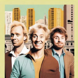 Create a comedy movie poster with a blonde man in the middle, a man with brown hair on the right, and a third man with a Latin appearance on the left